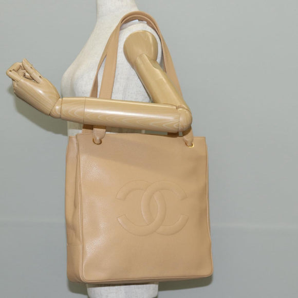 CHANEL COCO Mark Tote Bag Caviar Skin Beige Gold CC Auth 143815V