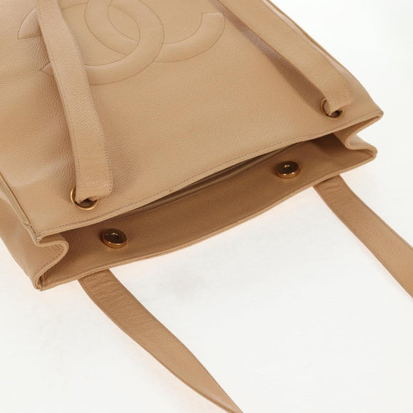CHANEL COCO Mark Tote Bag Caviar Skin Beige Gold CC Auth 143815V