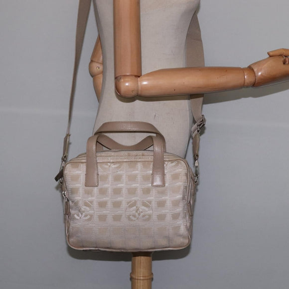 CHANEL New Travel Line Hand Bag Nylon 2way Beige Silver CC Auth 143907