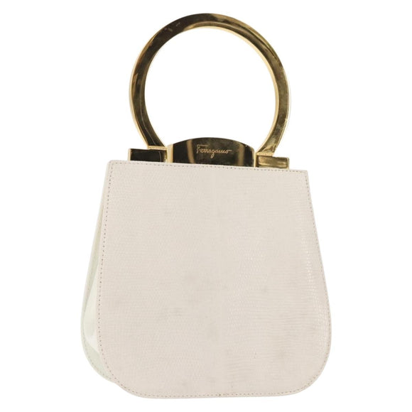 Salvatore Ferragamo Gancini Hand Bag Leather White Gold Auth 143966