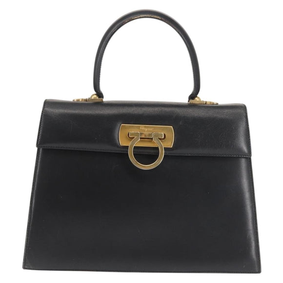 Salvatore Ferragamo Gancini Hand Bag Leather Black Gold Auth 143967