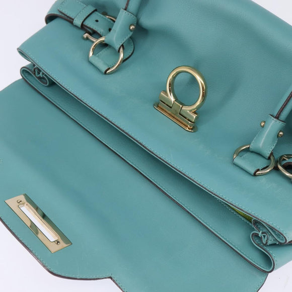 Salvatore Ferragamo Gancini Hand Bag Leather Gold Emerald Green Auth 143968