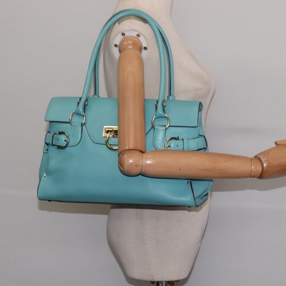 Salvatore Ferragamo Gancini Hand Bag Leather Gold Emerald Green Auth 143968