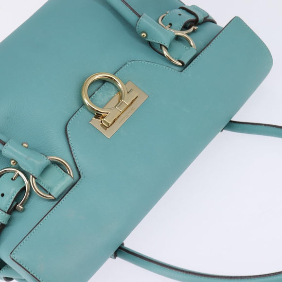 Salvatore Ferragamo Gancini Hand Bag Leather Gold Emerald Green Auth 143968