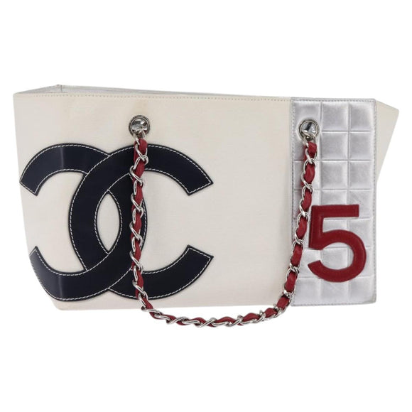 CHANEL Choco Bar Chain Tote Bag No5 Canvas White Silver CC Auth 143980