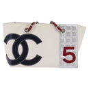 CHANEL Choco Bar Chain Tote Bag No5 Canvas White Silver CC Auth 143980-13
