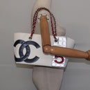 CHANEL Choco Bar Chain Tote Bag No5 Canvas White Silver CC Auth 143980-20