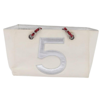 CHANEL Choco Bar Chain Tote Bag No5 Canvas White Silver CC Auth 143980 - 0
