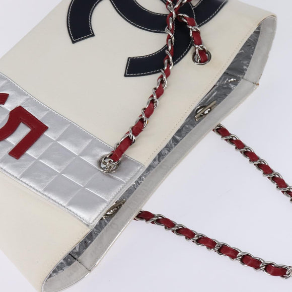CHANEL Choco Bar Chain Tote Bag No5 Canvas White Silver CC Auth 143980