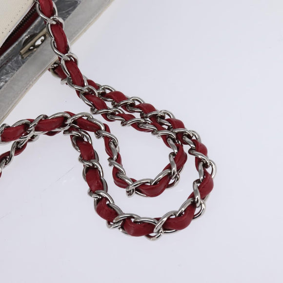 CHANEL Choco Bar Chain Tote Bag No5 Canvas White Silver CC Auth 143980