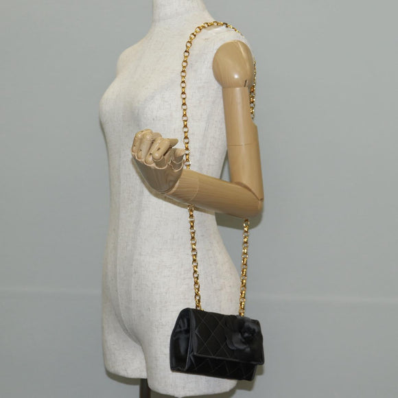 CHANEL Matelasse Camellia Chain Shoulder Bag Satin Gray Gold CC Auth 143981V