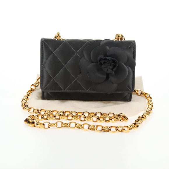CHANEL Matelasse Camellia Chain Shoulder Bag Satin Gray Gold CC Auth 143981V