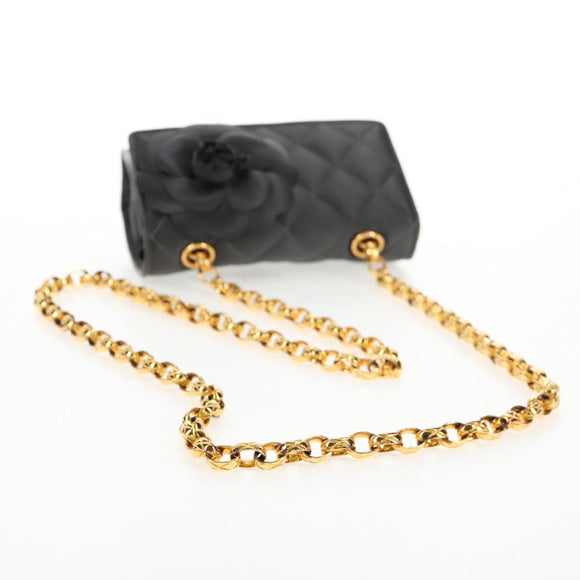 CHANEL Matelasse Camellia Chain Shoulder Bag Satin Gray Gold CC Auth 143981V