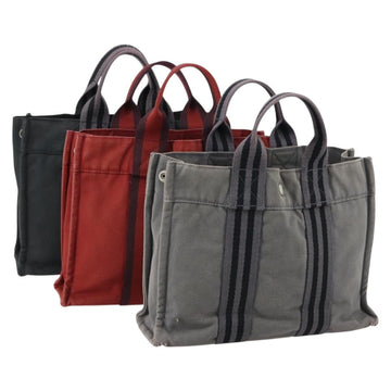 HERMES Fourre Tout PM Hand Bag Canvas 3 Set Gray Red Auth 144094