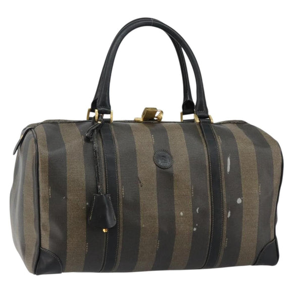 FENDI Pecan Canvas Boston Bag PVC Black Brown Auth 144142