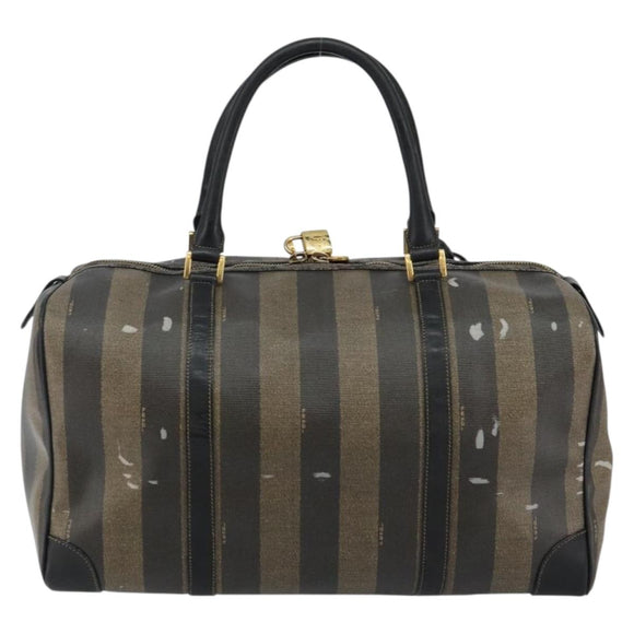 FENDI Pecan Canvas Boston Bag PVC Black Brown Auth 144142