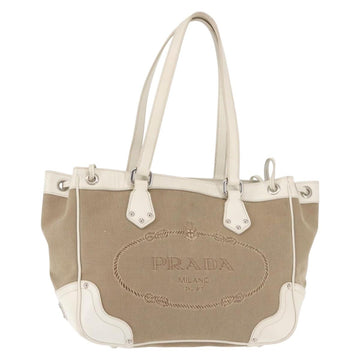 PRADA Tote Bag Canvas Leather Beige Silver Auth 144180