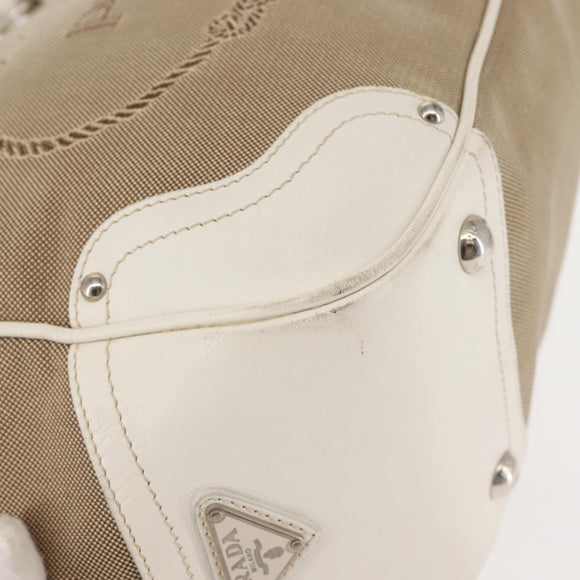 PRADA Tote Bag Canvas Leather Beige Silver Auth 144180