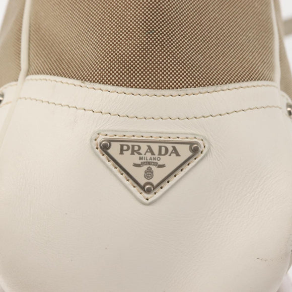 PRADA Tote Bag Canvas Leather Beige Silver Auth 144180