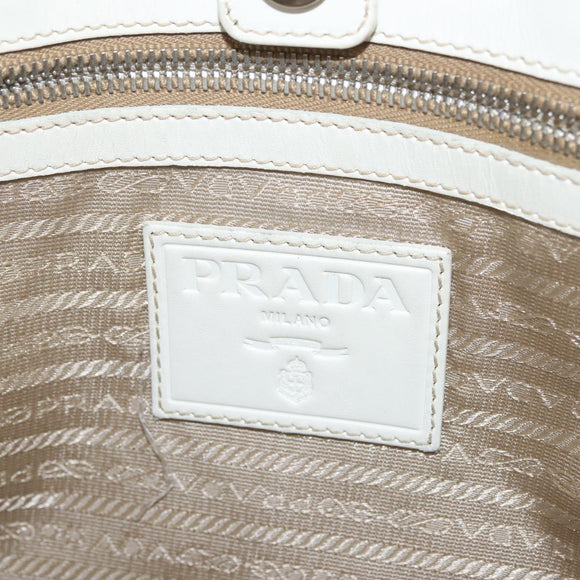 PRADA Tote Bag Canvas Leather Beige Silver Auth 144180