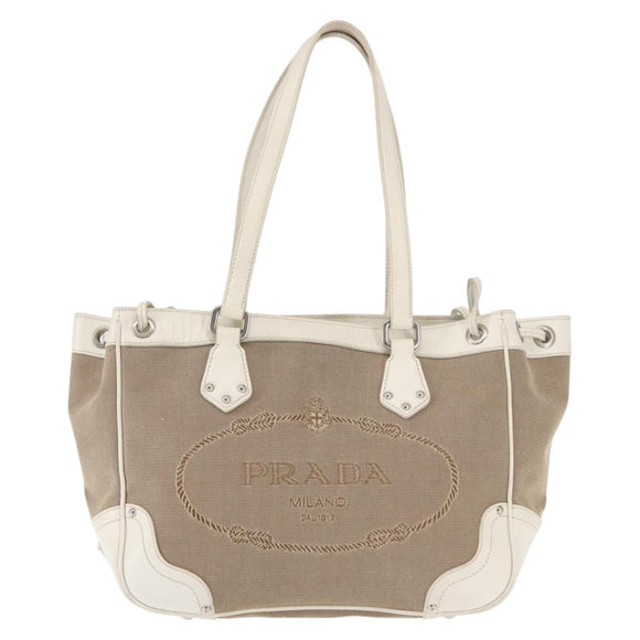 PRADA Tote Bag Canvas Leather Beige Silver Auth 144180