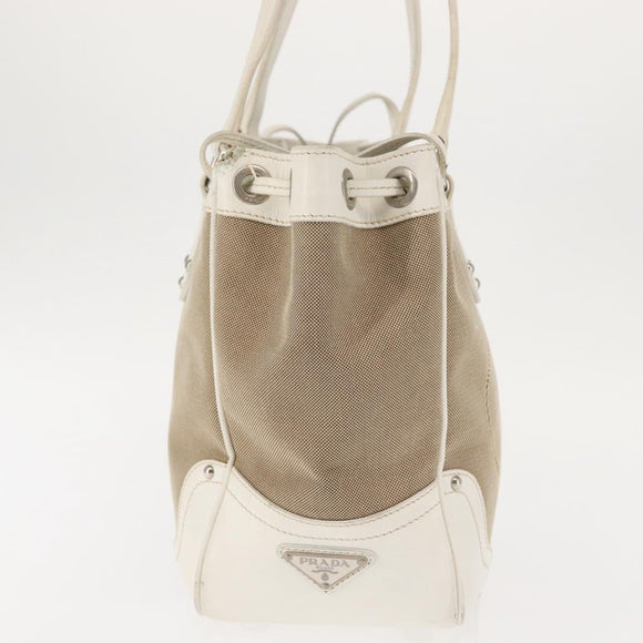 PRADA Tote Bag Canvas Leather Beige Silver Auth 144180