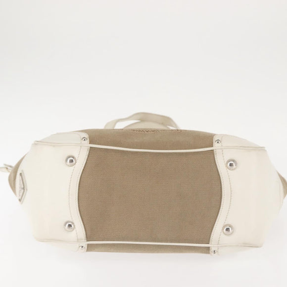 PRADA Tote Bag Canvas Leather Beige Silver Auth 144180
