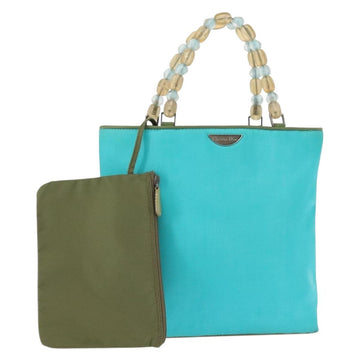 Christian Dior Maris Pearl Hand Bag Nylon Turquoise Blue Silver Auth 144208