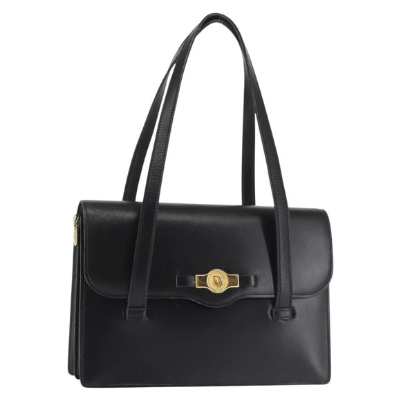 Christian Dior Hand Bag Leather Black Gold Auth 144209