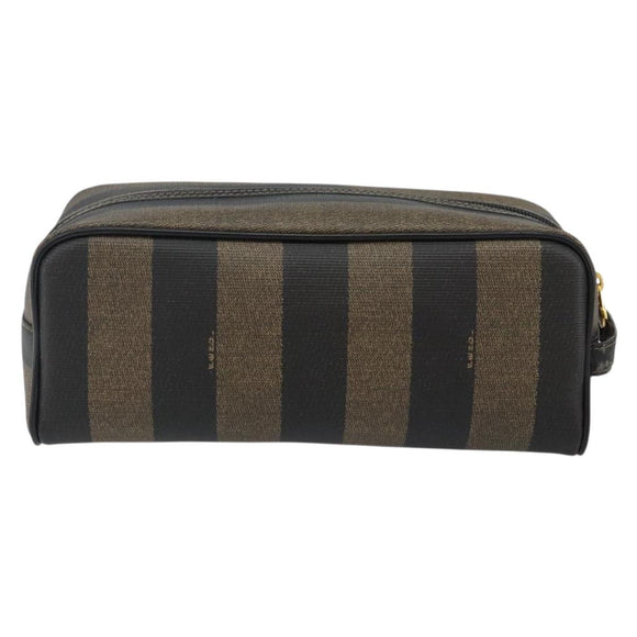 FENDI Pecan Canvas Clutch Bag PVC Black Brown gold Auth 144211