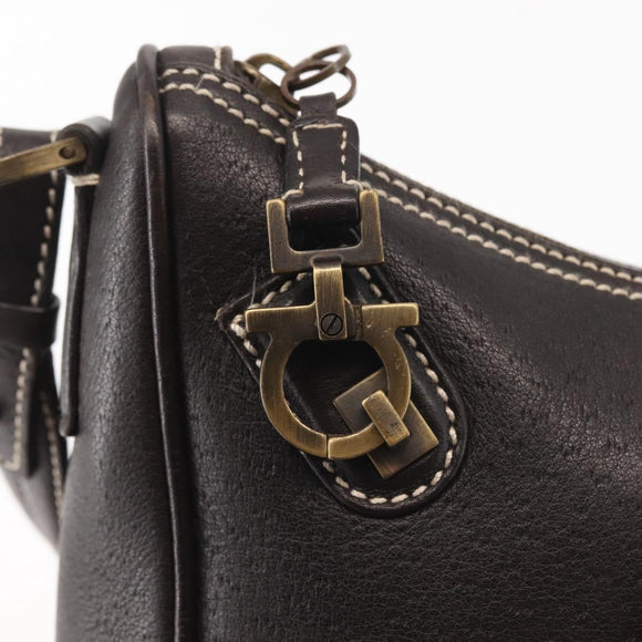 Salvatore Ferragamo Gancini Shoulder Bag Leather Dark Brown Auth 144214