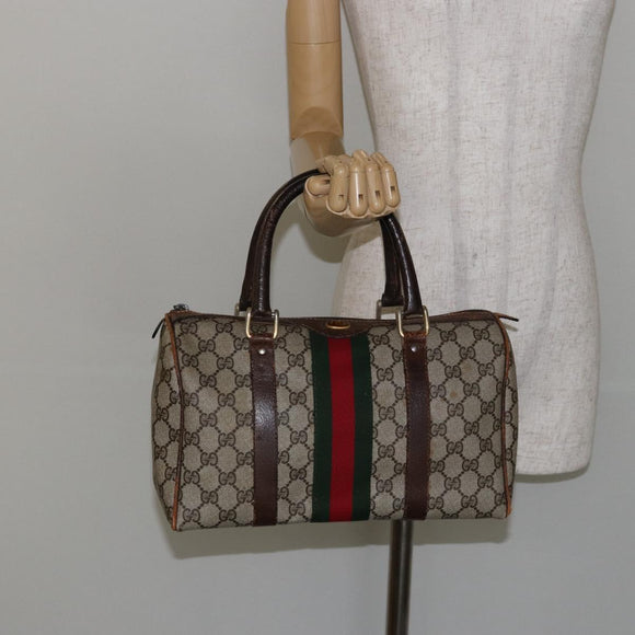 GUCCI GG Supreme Web Sherry Line Boston Bag PVC Beige Gold Auth 144221