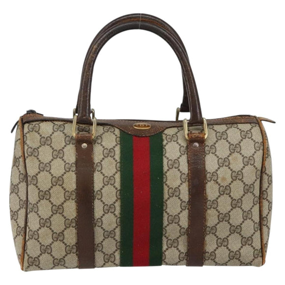 GUCCI GG Supreme Web Sherry Line Boston Bag PVC Beige Gold Auth 144221