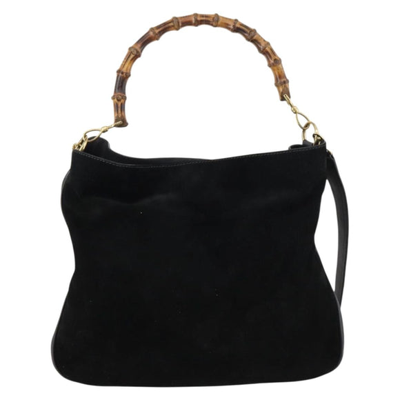GUCCI Bamboo Shoulder Bag Suede 2way Black Gold 001 1577 Auth 144229