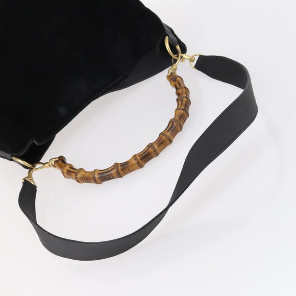 GUCCI Bamboo Shoulder Bag Suede 2way Black Gold 001 1577 Auth 144229