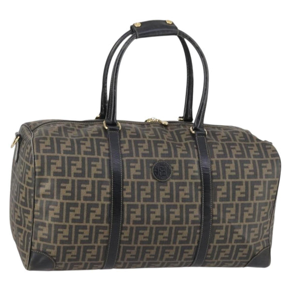 FENDI Zucca Canvas Boston Tas PVC Zwart Bruin Auth 144233