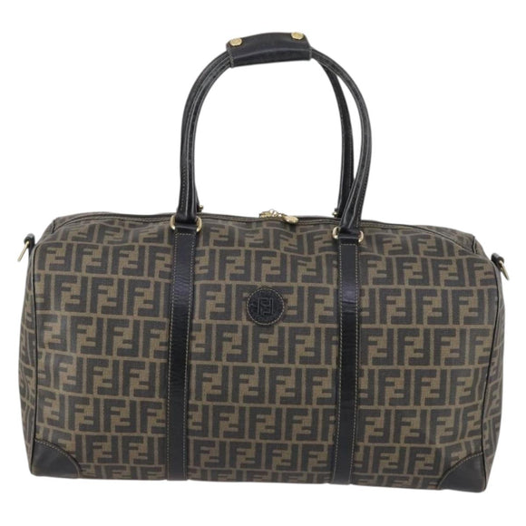 FENDI Zucca Canvas Boston Tas PVC Zwart Bruin Auth 144233