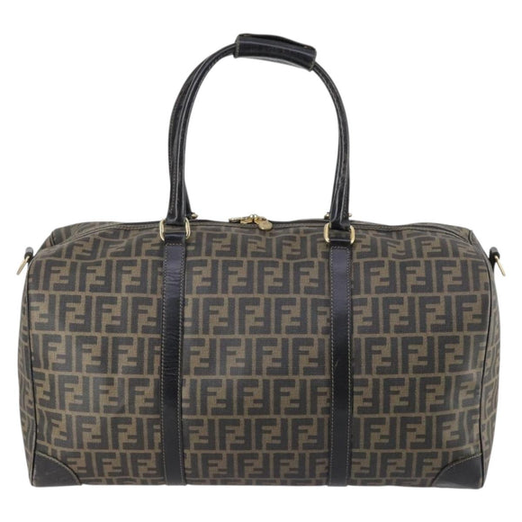 FENDI Zucca Canvas Boston Tas PVC Zwart Bruin Auth 144233