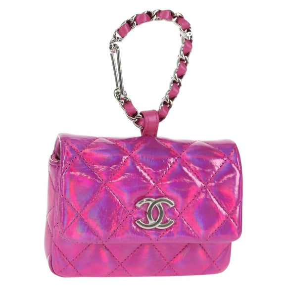 CHANEL Matelasse Hand Pouch Patent leather Pink Silver CC Auth 144306A