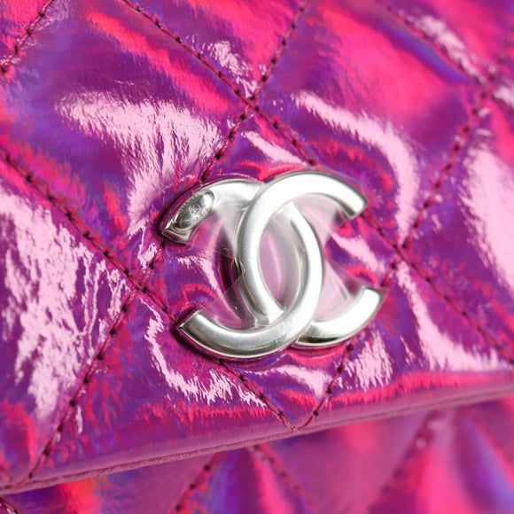 CHANEL Matelasse Hand Pouch Patent leather Pink Silver CC Auth 144306SM