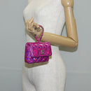 CHANEL Matelasse Hand Pouch Patent leather Pink Silver CC Auth 144306A-23