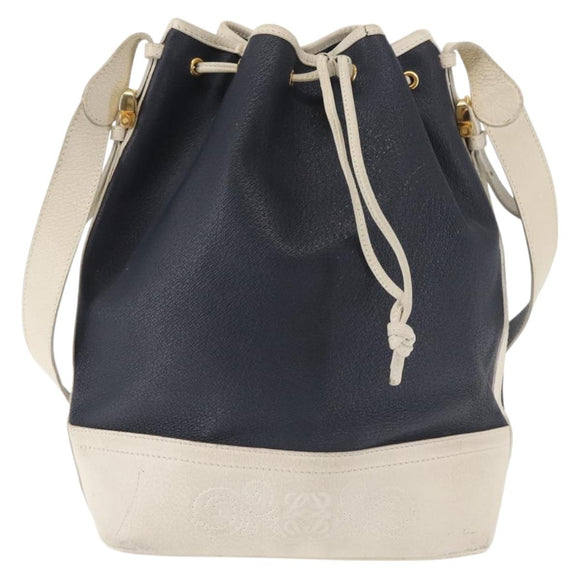 LOEWE Shoulder Bag Leather Navy Gold Auth 144366