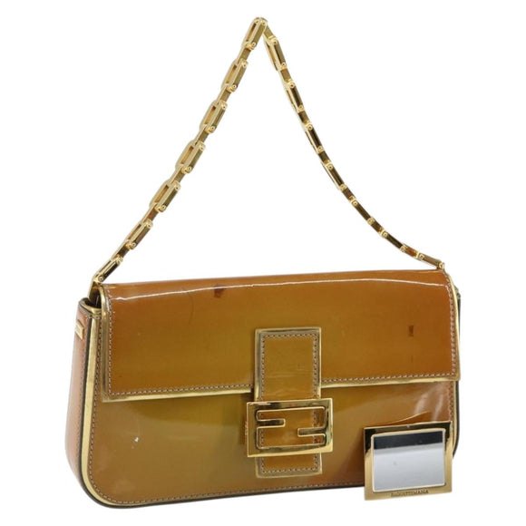 FENDI Mamma Baguette Schultertasche mit Kette Lackleder Grau Gold Auth 144385A