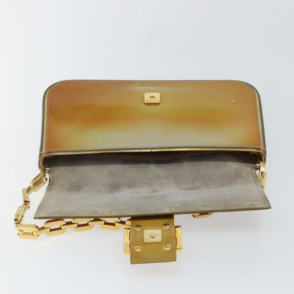 FENDI Mamma Baguette Schultertasche mit Kette Lackleder Grau Gold Auth 144385A