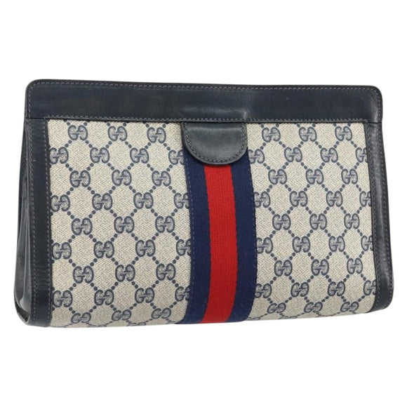 GUCCI GG Supreme Sherry Line Clutch Bag PVC Navy Red Auth 144387