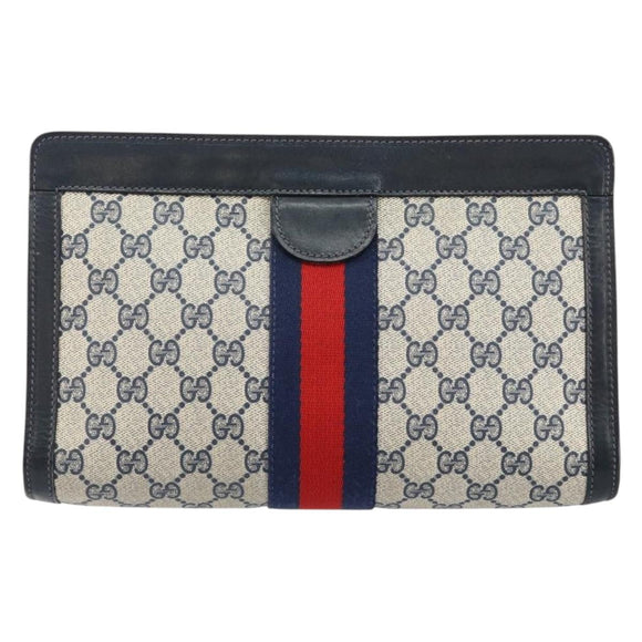 GUCCI GG Supreme Sherry Line Clutch Bag PVC Navy Red Auth 144387