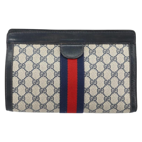 GUCCI GG Supreme Sherry Line Clutch Bag PVC Navy Red Auth 144387