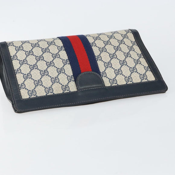 GUCCI GG Supreme Sherry Line Clutch Bag PVC Navy Red Auth 144387