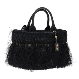 PRADA Basket bag Hand Bag Raffia 2way Black Gold Auth 144390