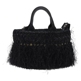PRADA Basket bag Hand Bag Raffia 2way Black Gold Auth 144390 - 0